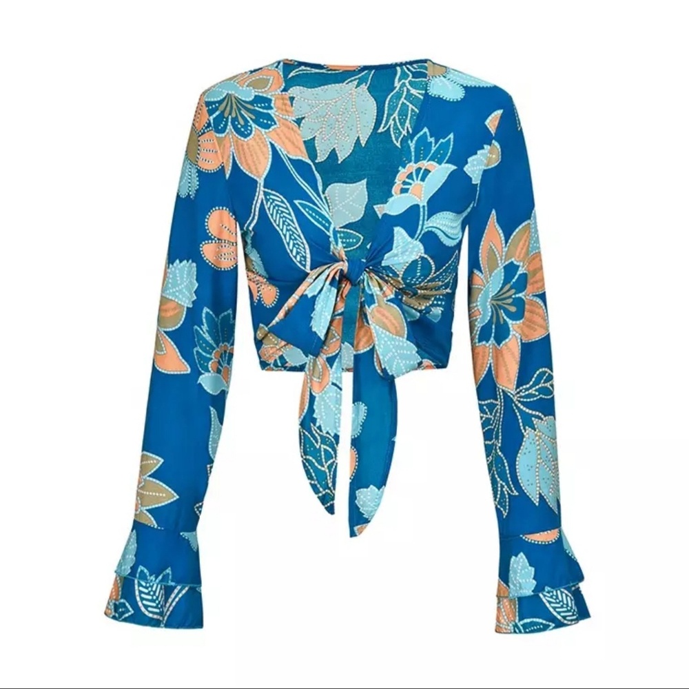 Long Sleeve Caridgan Trumpet Print Bow Tie Shirt